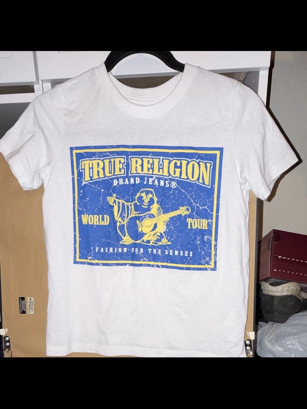 True Religion Kids White Tee with Blue & Yellow Graphic